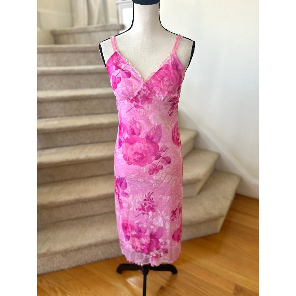 Vintage 90s Y2K Party Express Hot Pink Rose Floral Lettuce Hem Slip Dress